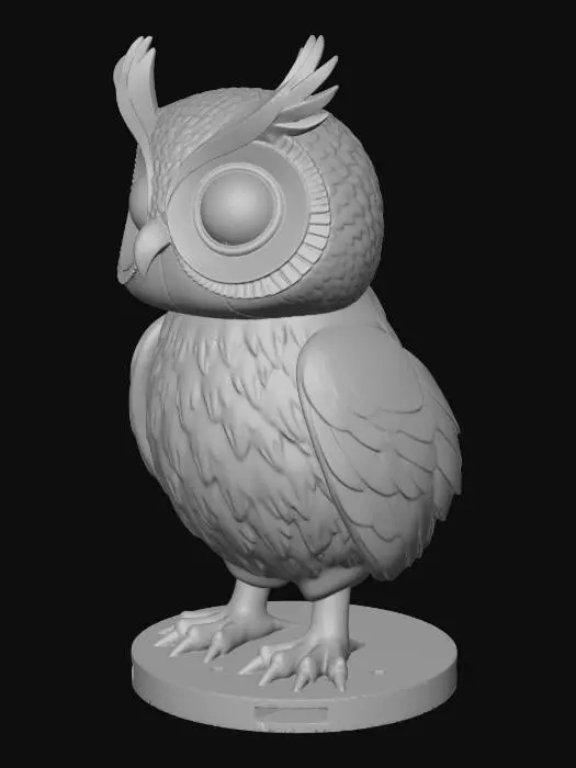 3D model for 生成一个可爱的卡通猫头鹰3D模型，用于3D打印，尺寸约12厘米高。身体为空心圆柱，壁厚2毫米，内部可容纳微型电路板。头部为直径50毫米的球体，前方有两个直径8毫米的圆孔（用于嵌入LED眼睛），头顶有两簇小耳羽。翅膀为叶片状，可活动。底座为扁圆柱，底部有两个小孔用于传感器探针。整体风格圆润、萌趣，细节包括眼眶凹陷、腹部羽毛纹理。分部件设计，导出为STL格式。
二、详细建模数据（几何尺寸与结构）
1. 整体尺寸
· 总高度：120 mm（从底座底面到头顶耳羽尖）
· 总宽度：约80 mm（含翅膀，翅膀闭合时）
· 总深度：约70 mm（身体前后厚度）
2. 部件分解与尺寸
头部
· 主体：球体，直径50 mm
· 眼睛孔：两个对称的圆孔，位于头部前方，圆心距垂直中心线±15 mm，距头顶约20 mm。孔径8 mm（用于嵌入LED），孔深5 mm（挖穿至头部内腔）。
· 眼窝凹陷：围绕眼睛孔，有一圈浅浅的凹陷（宽2 mm，深1 mm），模拟眼眶。
· 耳羽：两簇，位于头顶稍后，由两个锥体组成。每个锥体底半径5 mm，高12 mm，略微向后弯曲。
· 喙：位于眼睛下方中心，一个倒置的小圆锥（底半径3 mm，高6 mm），颜色为橙色。
· 主体：圆柱体（可略带锥度，上窄下宽），顶部半径27 mm，底部半径30 mm，高度60 mm。
· 抽壳：壁厚2 mm，内部空心，用于容纳硬件。开口面为顶部（与头部连接处）。
· 背部开口：一个矩形门，尺寸40 mm × 30 mm，位于身体背面中央，距顶部15 mm。门板厚度2 mm，尺寸比开口略大（42 mm × 32 mm），四角倒圆角半径3 mm。门板一侧设计两个小凸点（直径1.5 mm，高1 mm）作为卡扣。
· 腹部纹理：用浅浮雕表现羽毛，可用一组平行弧线（间隔5 mm）轻微凹陷（深度0.5 mm）模拟。