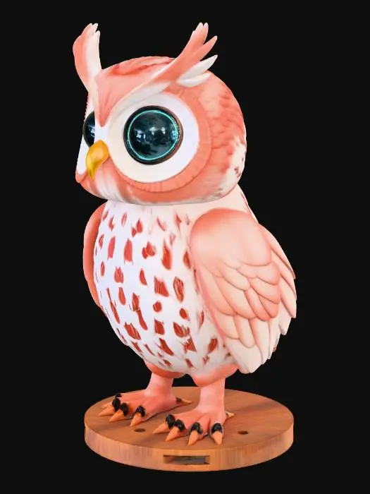 3D model for 生成一个可爱的卡通猫头鹰3D模型，用于3D打印，尺寸约12厘米高。身体为空心圆柱，壁厚2毫米，内部可容纳微型电路板。头部为直径50毫米的球体，前方有两个直径8毫米的圆孔（用于嵌入LED眼睛），头顶有两簇小耳羽。翅膀为叶片状，可活动。底座为扁圆柱，底部有两个小孔用于传感器探针。整体风格圆润、萌趣，细节包括眼眶凹陷、腹部羽毛纹理。分部件设计，导出为STL格式。
二、详细建模数据（几何尺寸与结构）
1. 整体尺寸
· 总高度：120 mm（从底座底面到头顶耳羽尖）
· 总宽度：约80 mm（含翅膀，翅膀闭合时）
· 总深度：约70 mm（身体前后厚度）
2. 部件分解与尺寸
头部
· 主体：球体，直径50 mm
· 眼睛孔：两个对称的圆孔，位于头部前方，圆心距垂直中心线±15 mm，距头顶约20 mm。孔径8 mm（用于嵌入LED），孔深5 mm（挖穿至头部内腔）。
· 眼窝凹陷：围绕眼睛孔，有一圈浅浅的凹陷（宽2 mm，深1 mm），模拟眼眶。
· 耳羽：两簇，位于头顶稍后，由两个锥体组成。每个锥体底半径5 mm，高12 mm，略微向后弯曲。
· 喙：位于眼睛下方中心，一个倒置的小圆锥（底半径3 mm，高6 mm），颜色为橙色。
· 主体：圆柱体（可略带锥度，上窄下宽），顶部半径27 mm，底部半径30 mm，高度60 mm。
· 抽壳：壁厚2 mm，内部空心，用于容纳硬件。开口面为顶部（与头部连接处）。
· 背部开口：一个矩形门，尺寸40 mm × 30 mm，位于身体背面中央，距顶部15 mm。门板厚度2 mm，尺寸比开口略大（42 mm × 32 mm），四角倒圆角半径3 mm。门板一侧设计两个小凸点（直径1.5 mm，高1 mm）作为卡扣。
· 腹部纹理：用浅浮雕表现羽毛，可用一组平行弧线（间隔5 mm）轻微凹陷（深度0.5 mm）模拟。