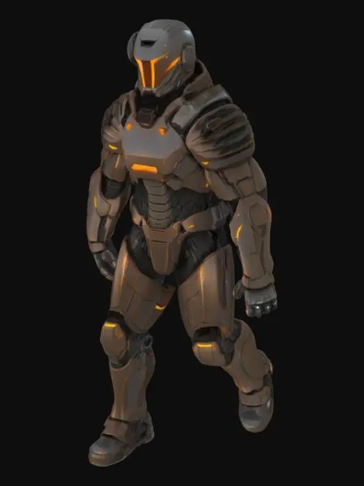 3D model for The object is a futuristic armored exosuit featuring angular geometric shapes, metallic texture with a dark color palette, and illuminated orange accents., 