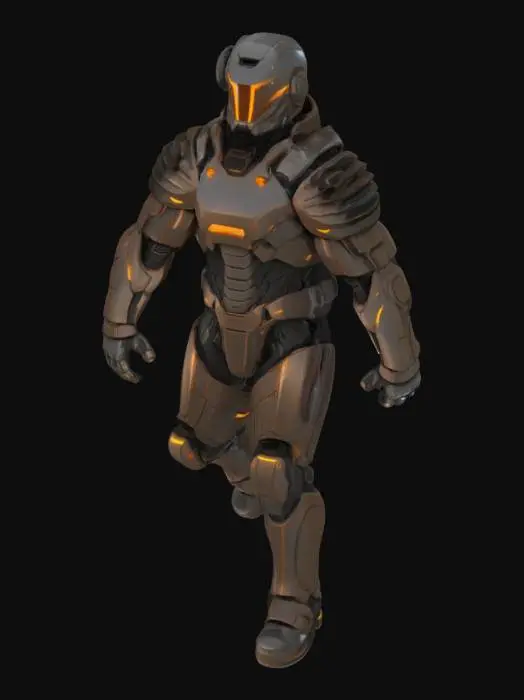 3D model for The object is a futuristic armored exosuit featuring angular geometric shapes, metallic texture with a dark color palette, and illuminated orange accents., 