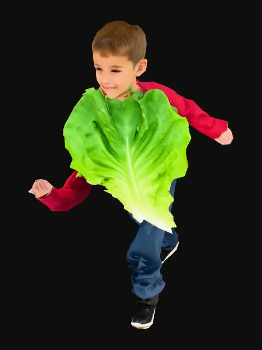 3D model for model human in reference image. keep the face as is, cover torso in a big lettuce leaf.