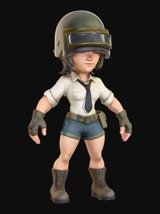 3D model for Q版画风. pubg 女角色 高度详细, 逼真的3D模型图像。高度风格化 ,性感优美的身材,清晰地传达出真实感、 ,8K 纹理,明亮鲜艳,但略显暗淡和磨损, t-pose , 适合图生模型