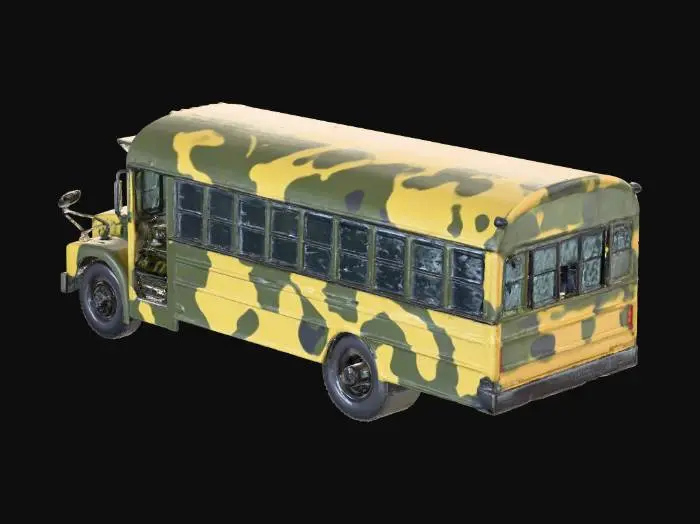 3D model for Autobús  antiguo de un colegio con raíces de arboles por su alrededor