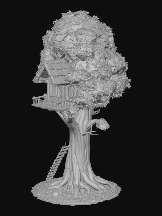 3D model for un árbol con casa de madera y una escalera para subir a la casa y que se grande y accesible