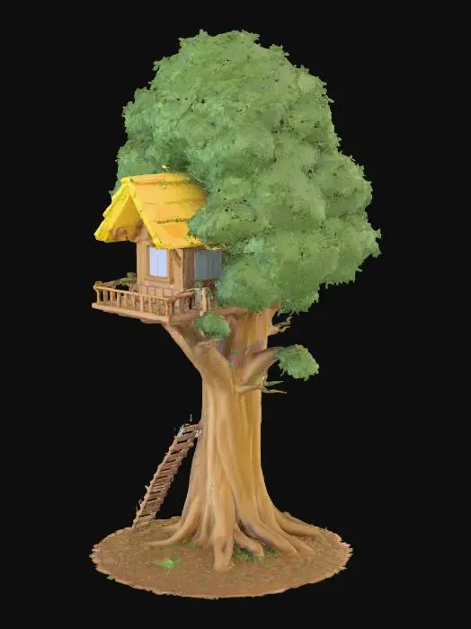 3D model for un árbol con casa de madera y una escalera para subir a la casa y que se grande y accesible