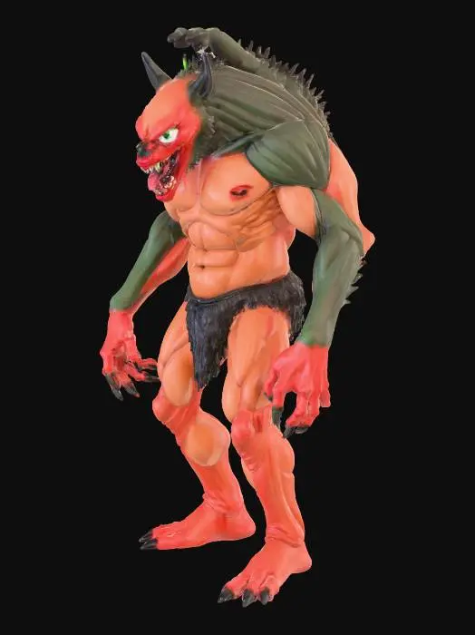 3D model for monstruo humanoide con una chepa y en cima de su chepa un monstruo pequeño con dos cabezas