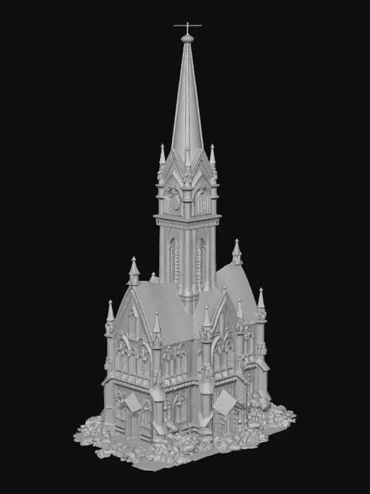 3D model for un edificio gótico con un reloj  en lo alto de la fachada y alado del reloj un muro destruido con un misil sobresaliendo del muro como si fuera a salir disparado