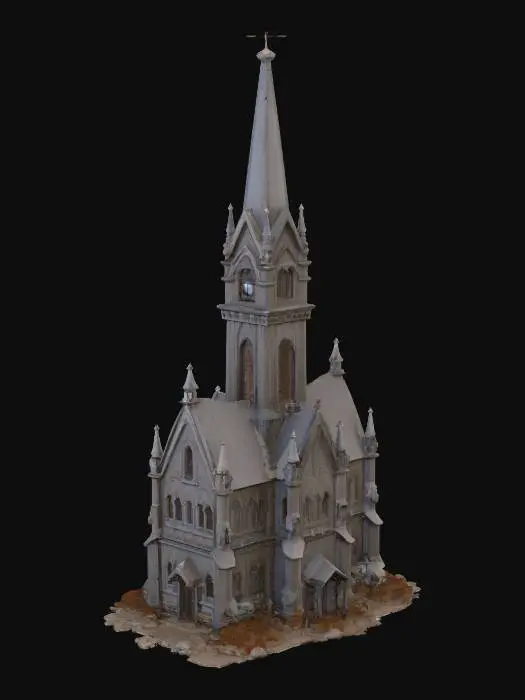 3D model for un edificio gótico con un reloj  en lo alto de la fachada y alado del reloj un muro destruido con un misil sobresaliendo del muro como si fuera a salir disparado