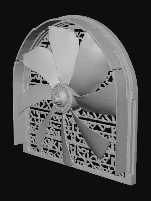 3D model for un pared de piedra con un ventilador de aspas en la pared un ventilador gigante  con unas rejas de protecion