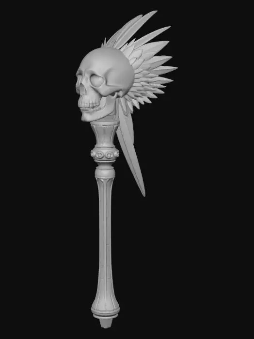 3D model for una calavera cráneo de cristal pinchada en un palo con plumas de pajaro