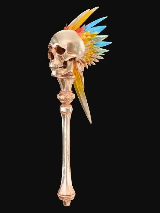 3D model for una calavera cráneo de cristal pinchada en un palo con plumas de pajaro