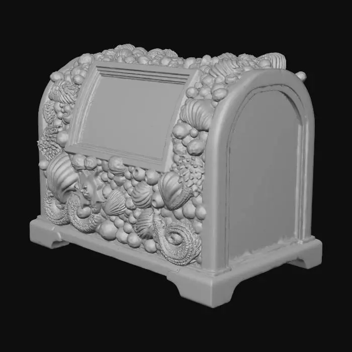 3D model for Quiero un cofre cerrado con conchas y pulpos pegados al rededor de de la madera del cofre y donde se abre el confre no quiero cerradura de llave quiero una pantalla pequeña con botones