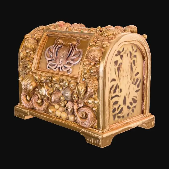 3D model for Quiero un cofre cerrado con conchas y pulpos pegados al rededor de de la madera del cofre y donde se abre el confre no quiero cerradura de llave quiero una pantalla pequeña con botones