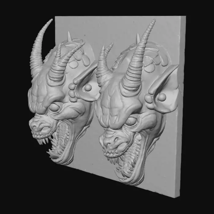 3D model for una muralla  fortaleza con cabezas de demonios de piedra en las paredes y una torre destruida