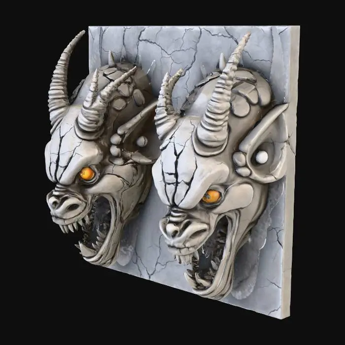 3D model for una muralla  fortaleza con cabezas de demonios de piedra en las paredes y una torre destruida