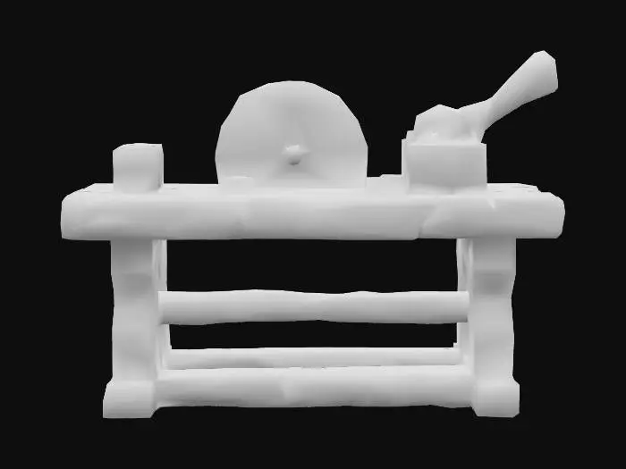 3D model for A rustic stone-cutting workbench built from cracked stone blocks. A large circular metal blade is mounted vertically at the center, partially embedded in a groove on the table surface. A wooden lever is attached to the side, connected by simple gears. The surface shows wear, with chisel marks and weathered textures. The whole structure looks handmade and ancient, built for shaping raw stone into bricks.