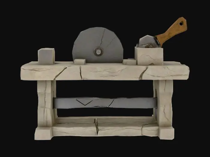 3D model for A rustic stone-cutting workbench built from cracked stone blocks. A large circular metal blade is mounted vertically at the center, partially embedded in a groove on the table surface. A wooden lever is attached to the side, connected by simple gears. The surface shows wear, with chisel marks and weathered textures. The whole structure looks handmade and ancient, built for shaping raw stone into bricks.