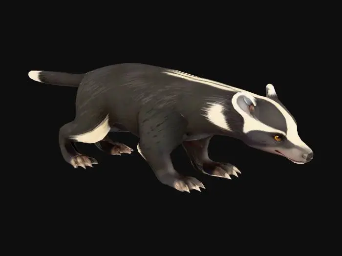3D model for south african Honey Badger, anime like pokemon, spiritual pets. fantasy,Stylized, epic and magestic south african Honey Badger. fierce, mature, black and white badger