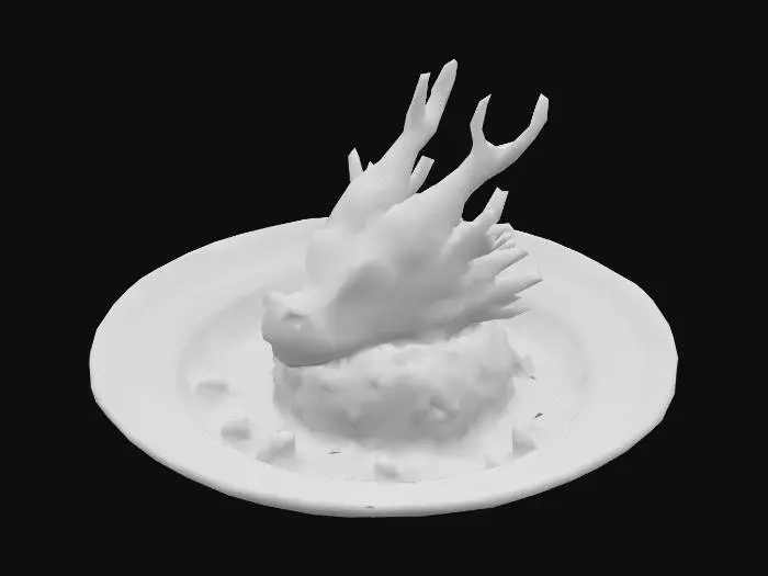 3D model for Create a collection of funny and surreal food dishes using imaginary or mythical creatures as the main ingredients. Each dish should look like a gourmet restaurant plate, with detailed garnishes and sides. Include whimsical features like cooked tentacles, roasted horns, crispy wings, or glowing alien parts. Use unexpected flavor combinations and humorous plating—like a dragon head with a tomato in its mouth, or goblin meatballs served with enchanted blueberries. The creatures can be dragons, goblins, sea monsters, aliens, or made-up fantasy animals. Keep the style lighthearted, absurd, and visually rich, #food#, #food#