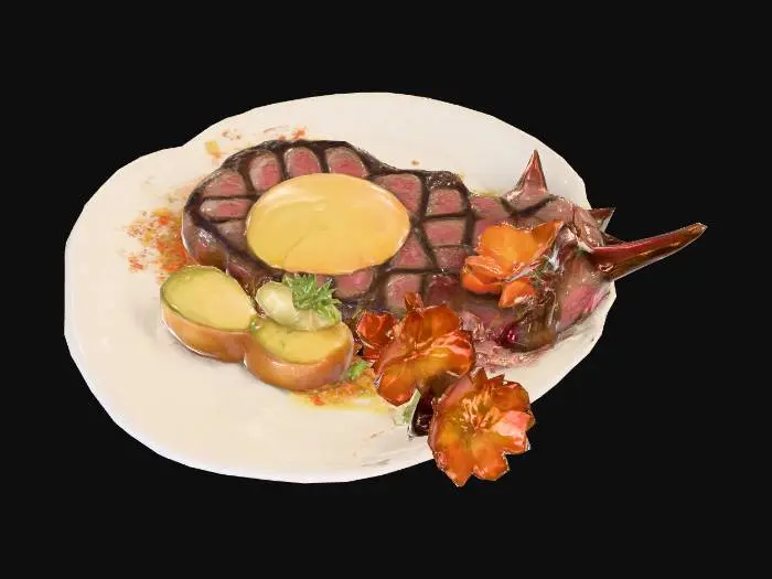 3D model for Create a collection of funny and surreal food dishes using imaginary or mythical creatures as the main ingredients. Each dish should look like a gourmet restaurant plate, with detailed garnishes and sides. Include whimsical features like cooked steak or ham, roasted veggies. Use unexpected flavor combinations and humorous plating, The creatures can be fantasy animals. Keep the style lighthearted, absurd, and visually rich, #food#, #food#