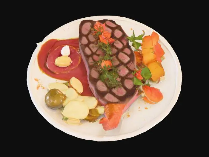 3D model for Create a collection of funny and surreal food dishes using imaginary or mythical creatures as the main ingredients. Each dish should look like a gourmet restaurant plate, with detailed garnishes and sides. Include whimsical features like cooked steak or ham, roasted veggies. Use unexpected flavor combinations and humorous plating, The creatures can be fantasy animals. Keep the style lighthearted, absurd, and visually rich, #food#, #food#