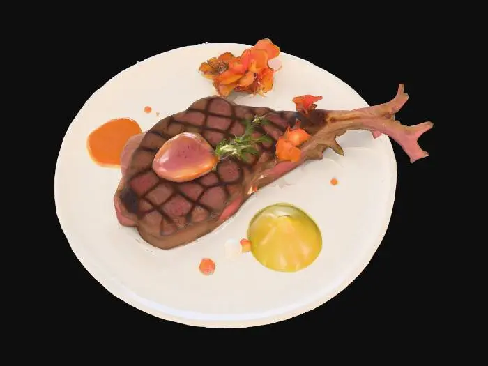 3D model for Create a collection of funny and surreal food dishes using imaginary or mythical creatures as the main ingredients. Each dish should look like a gourmet restaurant plate, with detailed garnishes and sides. Include whimsical features like cooked steak or ham, roasted veggies. Use unexpected flavor combinations and humorous plating, The creatures can be fantasy animals. Keep the style lighthearted, absurd, and visually rich, #food#, #food#