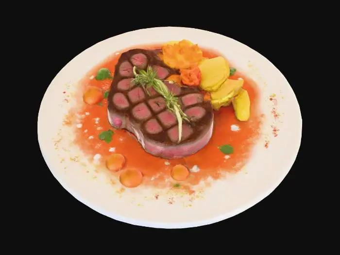 3D model for Create a collection of funny and surreal food dishes using imaginary or mythical creatures as the main ingredients. Each dish should look like a gourmet restaurant plate, with detailed garnishes and sides. Include whimsical features like cooked steak or ham, roasted veggies. Use unexpected flavor combinations and humorous plating, The creatures can be fantasy animals. Keep the style lighthearted, absurd, and visually rich, #food#, #food#