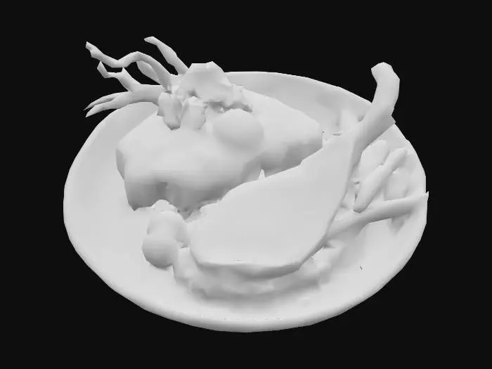 3D model for Create a collection of funny and surreal food dishes using imaginary or mythical creatures as the main ingredients. Each dish should look like a gourmet restaurant plate, with detailed garnishes and sides. Include whimsical features like cooked steak or ham, roasted veggies. Use unexpected flavor combinations and humorous plating, The creatures can be fantasy animals. Keep the style lighthearted, absurd, and visually rich, #food#, #food#