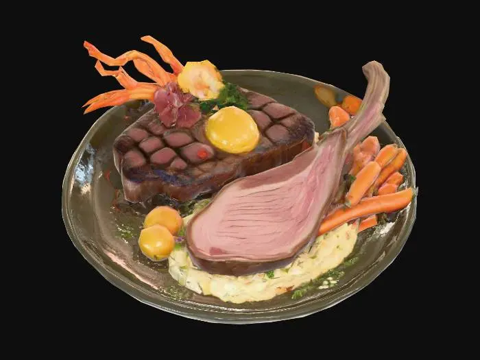 3D model for Create a collection of funny and surreal food dishes using imaginary or mythical creatures as the main ingredients. Each dish should look like a gourmet restaurant plate, with detailed garnishes and sides. Include whimsical features like cooked steak or ham, roasted veggies. Use unexpected flavor combinations and humorous plating, The creatures can be fantasy animals. Keep the style lighthearted, absurd, and visually rich, #food#, #food#