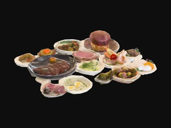 3D model for Create a collection of funny and surreal food dishes using imaginary or mythical creatures as the main ingredients. Each dish should look like a gourmet restaurant plate, with detailed garnishes and sides. Include whimsical features like cooked steak or ham, roasted veggies. Use unexpected flavor combinations and humorous plating, The creatures can be fantasy animals. Keep the style lighthearted, absurd, and visually rich, #food#, #food#