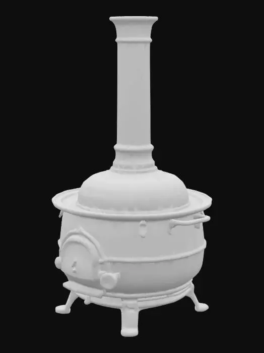 3D model for stylized cooking cast iron stove. that use coal or wood for fuel. with vintage cooking pot on top and a chimney.  itès a kitchen stove of the 1400s