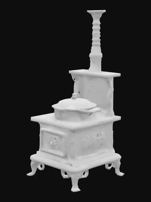 3D model for stylized cooking cast iron stove. that use coal or wood for fuel. with vintage cooking pot on top and a chimney.  itès a kitchen stove of the 1400s