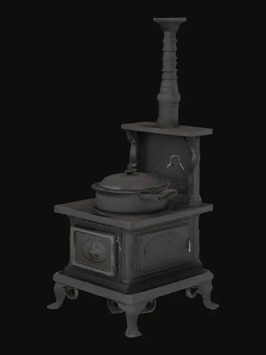 3D model for stylized cooking cast iron stove. that use coal or wood for fuel. with vintage cooking pot on top and a chimney.  itès a kitchen stove of the 1400s