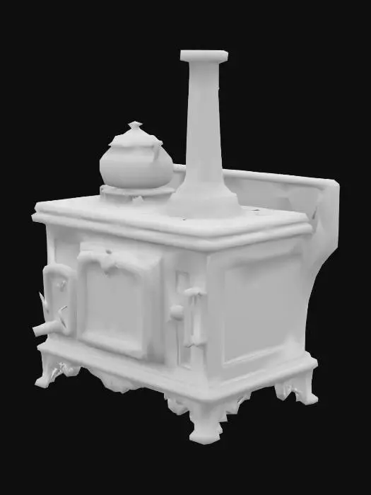 3D model for stylized cooking cast iron stove. that use coal or wood for fuel. with vintage cooking pot on top and a chimney.  itès a kitchen stove of the 1400s
