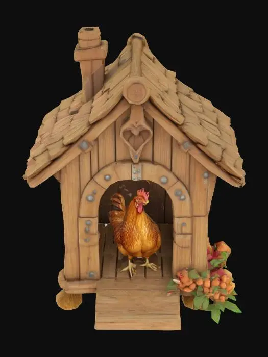 3D model for medieval and vintage chicken coop, empty. stylized texture. wodden. made of wood. empty batiment. cute and stylized