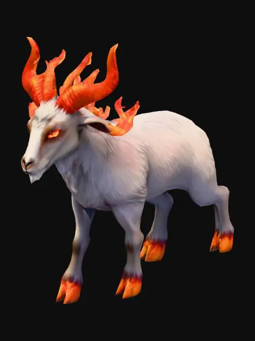 3D model for anime like pokemon, spiritual pets. fantasy,Big and muscular elemental. fire Goat, wooly goat, mature adult, Hell, demon goat, horn of fire. fire hoof fire eyes
