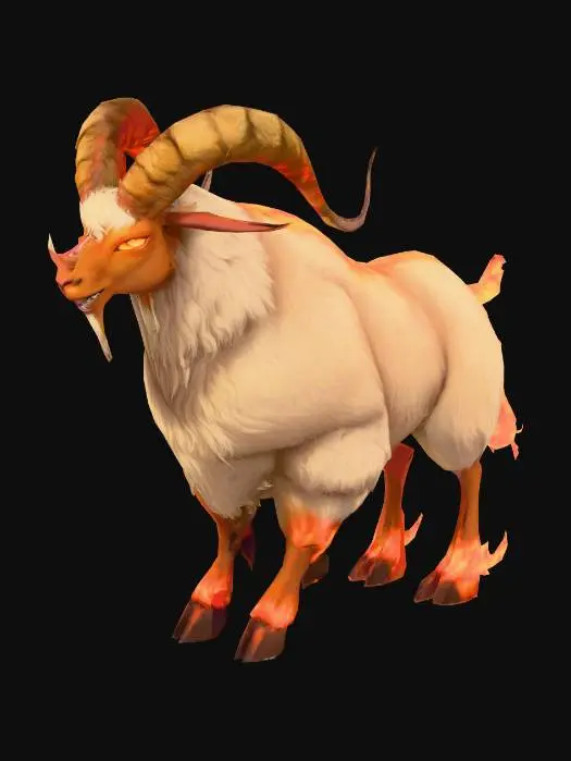 3D model for anime like pokemon, spiritual pets. fantasy,Big and muscular elemental. fire Goat, wooly goat, mature adult, Hell, demon goat, horn of fire. fire hoof fire eyes. massive. demon