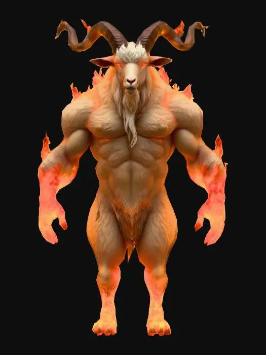 3D model for anime like pokemon, spiritual pets. fantasy,Big and muscular elemental. fire Goat, wooly goat, mature adult, Hell, demon goat, horn of fire. fire hoof fire eyes. massive. demon