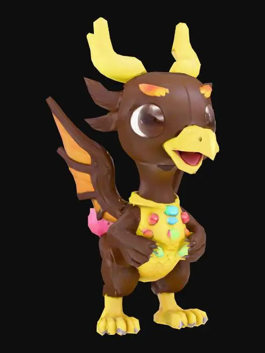 3D model for anime like pokemon, spiritual pets. fantasy,Stylized, colorfull, epic and cute Chocobo made of chocolate, Mount with saddle, made with candy. Chocolate creature. Bird mount, Chocobo, Griffin. epic
