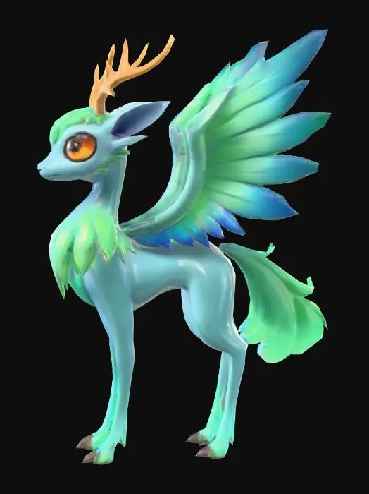 3D model for anime like pokemon, spiritual pets. fantasy,Stylized, epic and cute Peryton, mythical creature