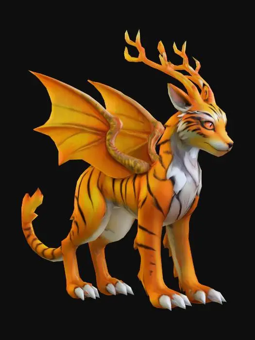 3D model for anime like pokemon, spiritual pets. fantasy,Stylized, epic and cute Peryton, mythical creature, tiger, feydragon, wolf, deer