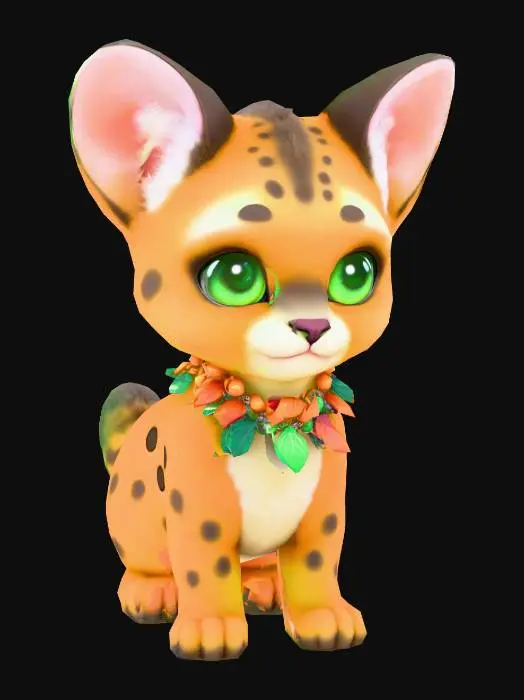 3D model for anime like pokemon, cute animal spiritual pets. fantasy, chibi baby, fantasy puma cub with green eyes.