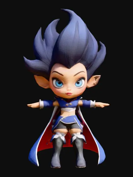 3D model for Costume, stylized, Cute. 
Stylized female fantasy character Costume, stylized, Cute. in a whimsical, semi-realistic style. Large expressive eyes, slightly oversized head, slim waist, and compact limbs. Voluminous windswept hair, confident facial expression. Inspired by animated fantasy games and collectible figurines. Clean T-pose, focus on costume and silhouette.
