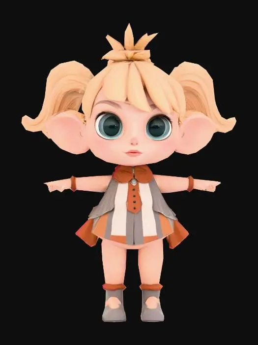 3D model for Costume, stylized, Cute. 
Stylized female fantasy character Costume, stylized, Cute. in a whimsical, semi-realistic style. Large expressive eyes, slightly oversized head, slim waist, and compact limbs. Voluminous windswept hair, confident facial expression. Inspired by animated fantasy games and collectible figurines. Clean T-pose, focus on costume and silhouette.
