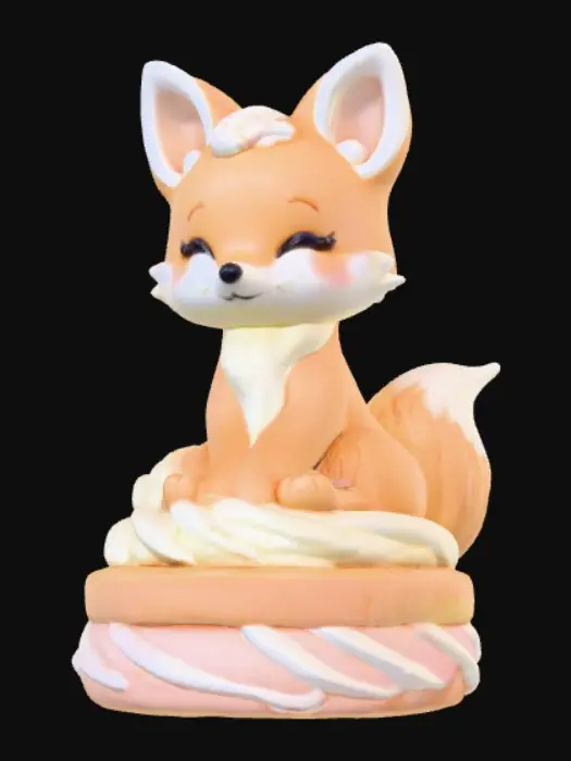 3D model for Stylized chibie cute fantastique fox made of whipped cream. Ice cream. Sitting in a cake of ice-cream cup or Cupcake. 
, #food#, 
, #food#