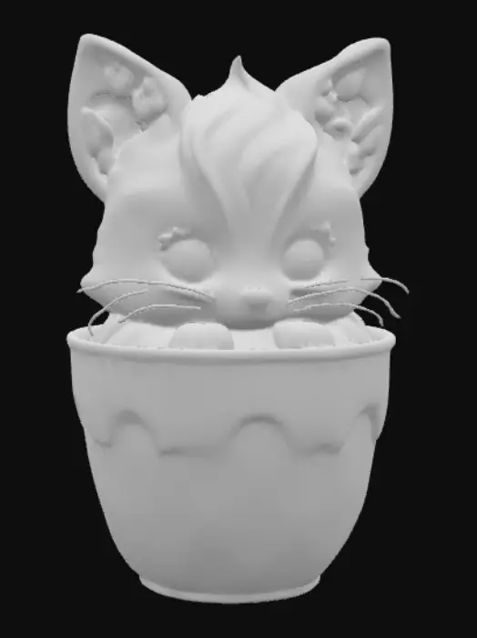 3D model for Stylized chibie cute fantastique fox made of whipped cream. Ice cream. Sitting in a cake of ice-cream cup or Cupcake. 
, #food#, 
, #food#