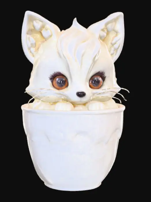 3D model for Stylized chibie cute fantastique fox made of whipped cream. Ice cream. Sitting in a cake of ice-cream cup or Cupcake. 
, #food#, 
, #food#