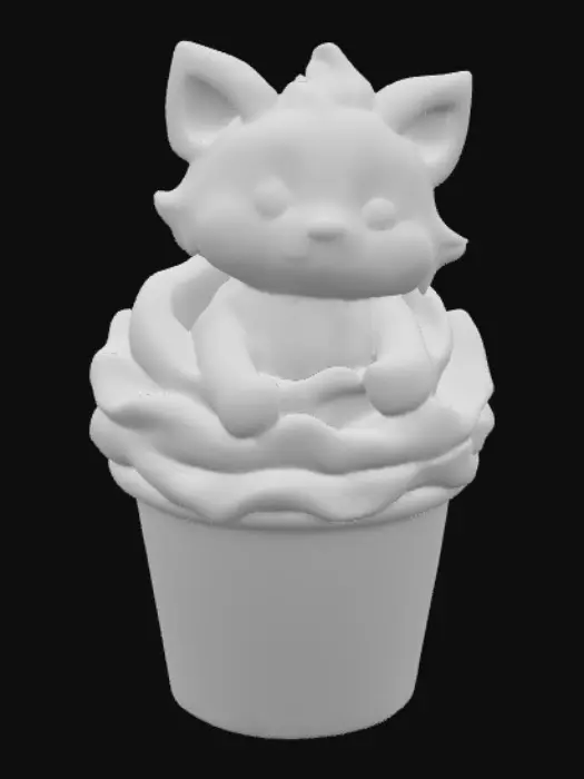 3D model for Stylized chibie cute fantastique fox made of whipped cream. Ice cream. Sitting in a cake of ice-cream cup or Cupcake. 
, #food#, 
, #food#