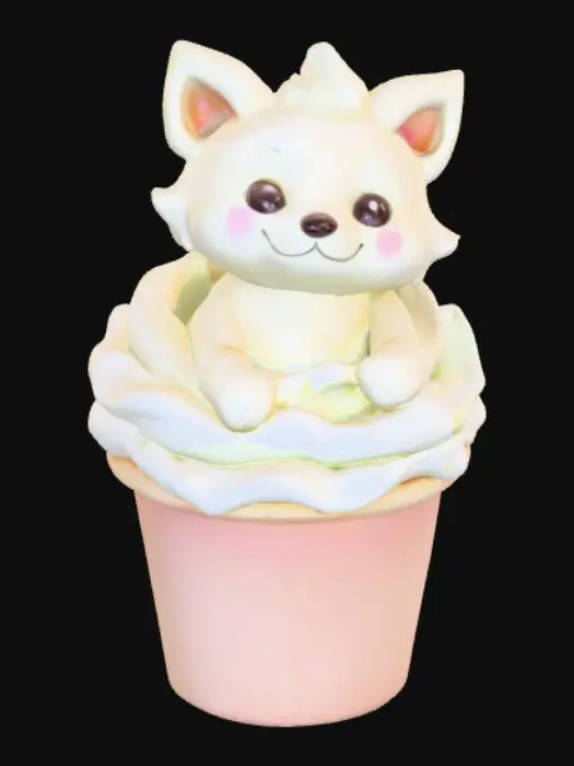 3D model for Stylized chibie cute fantastique fox made of whipped cream. Ice cream. Sitting in a cake of ice-cream cup or Cupcake. 
, #food#, 
, #food#