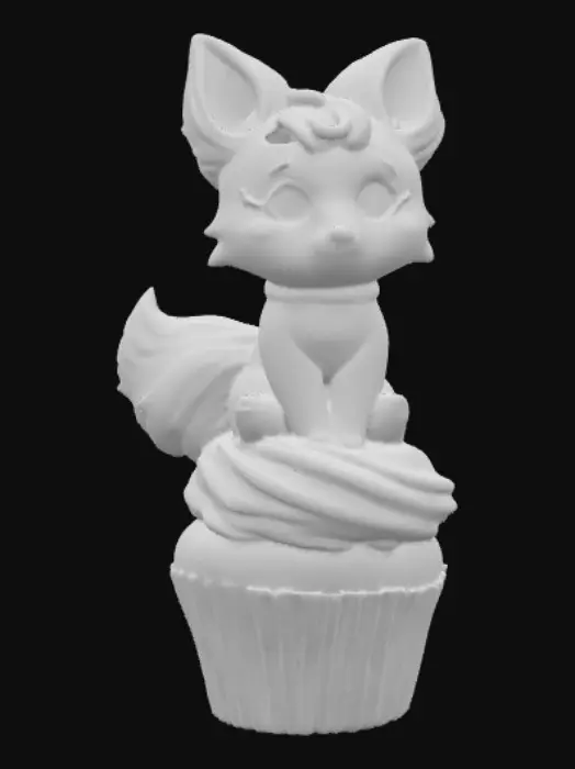 3D model for Stylized chibie cute fantastique fox made of whipped cream. Ice cream. Sitting in a cake of ice-cream cup or Cupcake. 
, #food#, 
, #food#